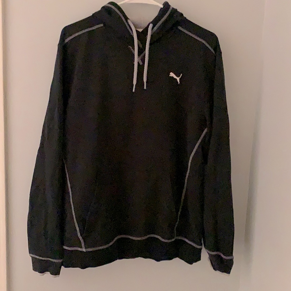 Black Puma Hoodie with drawstrings, logo and grey trim